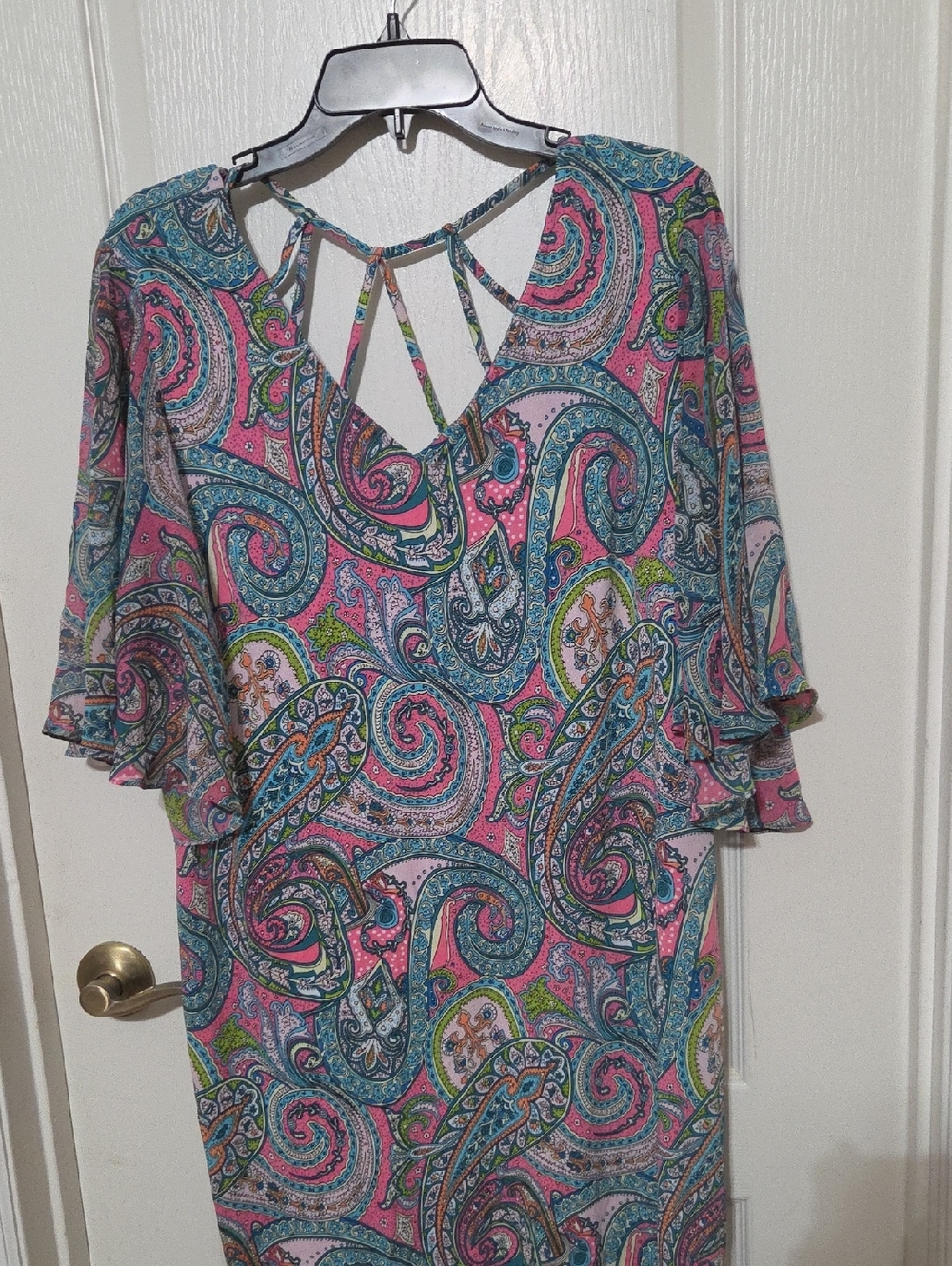Pink Paisley Midi Dress with Strappy V-Neck